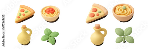 Colorful clay food items depicting pizza, pasta, olive oil, and fresh basil created for a playful culinary display