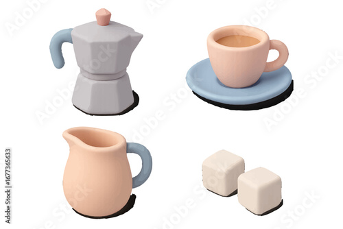 Coffee brewing setup with a stovetop espresso maker, cup, milk pitcher, and sugar cubes during a relaxing morning routine