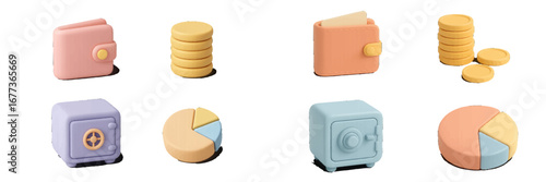 Colorful financial icons including wallets, coins, safes, and charts represent personal finance concepts in a playful design