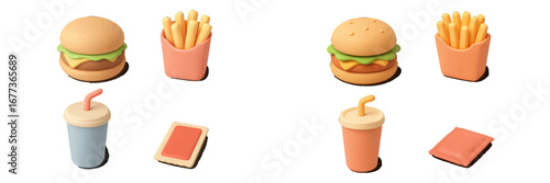 Colorful play food set featuring burgers, fries, drinks, and sauces arranged for imaginative playtime learning with vibrant designs