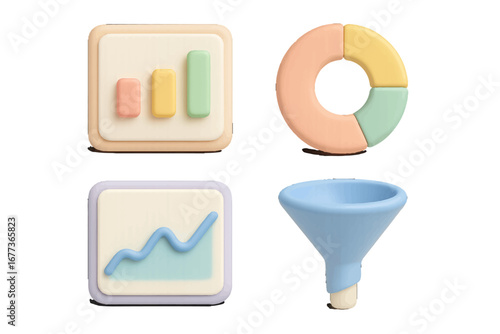 Colorful 3D icons representing data analysis and visualization tools for modern applications