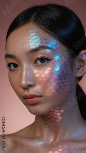 Woman with iridescent mermaid scales makeup on face, glowing skin and sleek hair against soft pink background