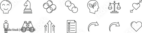 Strategy, happiness, teamwork, growth, justice, love, observation, checklist, progress, care, planning, icon set, abstract, mental, eco, network, vision, fairness, expansion, organization