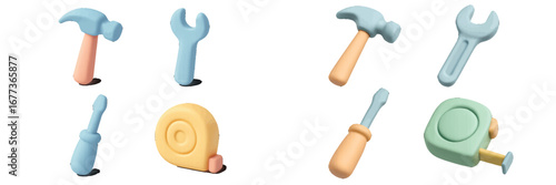 Colorful toy tools arranged creatively on a white surface during daylight for a playful and imaginative atmosphere