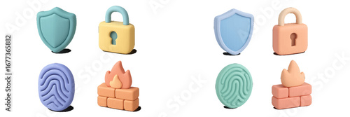 Colorful security and safety symbols crafted from modeling clay arranged on a white background in a creative display