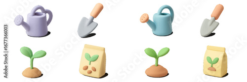 Colorful gardening tools and plant growth models arranged on a clean background for educational purposes