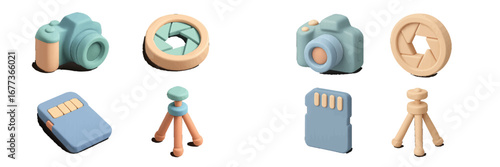 Creative display of pastel-colored camera accessories and toys on a light surface for educational playtime