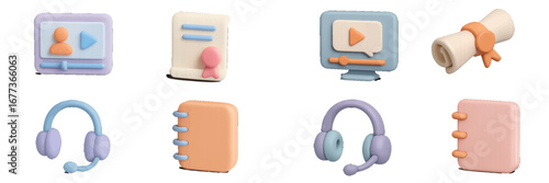 Colorful educational icons representing various online learning activities and resources in a creative style