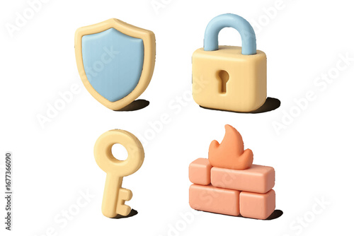 Colorful security icons representing safety, protection, and access management for digital environments in flat design style