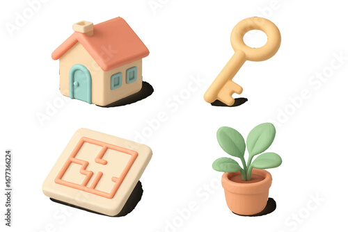 Colorful home-related objects including a house, key, puzzle piece, and plant displayed together in a creative layout