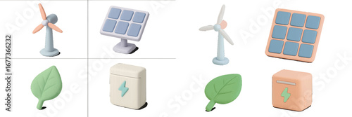 Eco-friendly energy models showcasing solar panels, wind turbines, and battery storage in a creative arrangement