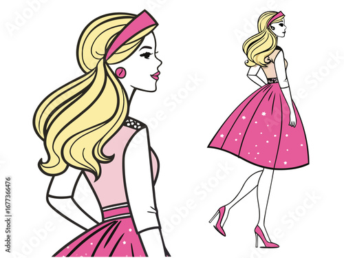 Trendy Fashion IllustratioA stylized, colorful illustration of a girl in 1980s fashion.n of a Girl in 80s Style. 