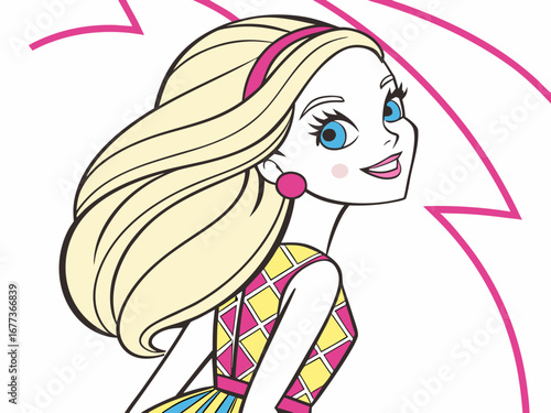 Trendy Fashion IllustratioA stylized, colorful illustration of a girl in 1980s fashion.n of a Girl in 80s Style. 