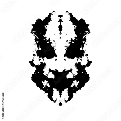 Abstract symmetrical black ink blot pattern on white background suggestive of a rorschach test image art