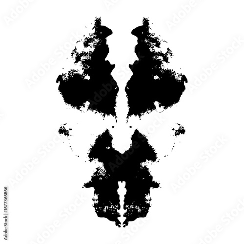 Symmetric black ink blot with a complex pattern resembling a butterfly or abstract figure art form design