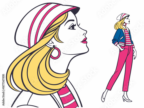 Trendy Fashion IllustratioA stylized, colorful illustration of a girl in 1980s fashion.n of a Girl in 80s Style. 