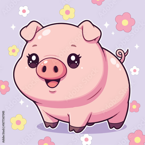 Cute pig smiling happily amidst colorful flowers on pastel backdrop, radiating joy and innocence in a whimsical style.