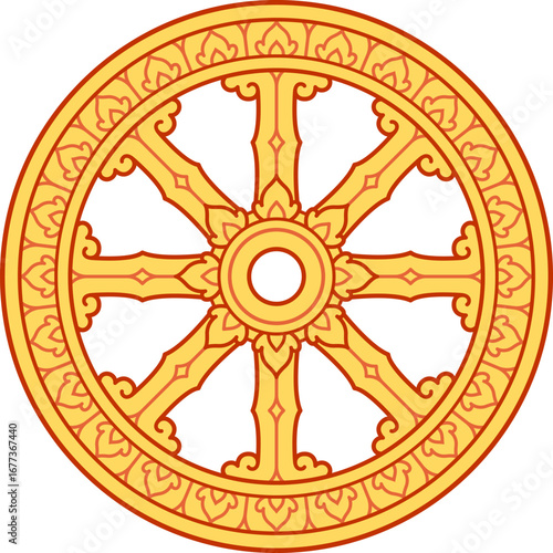 Thai Dhamma Wheel (dhammacakka), Southeast Asian style Theravada Buddhism symbol. Ornate golden design. Isolated vector clip art illustration.