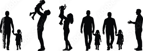 Silhouette vector illustration of fathers spending time with daughters, holding hands, lifting kids, and enjoying family moments together.