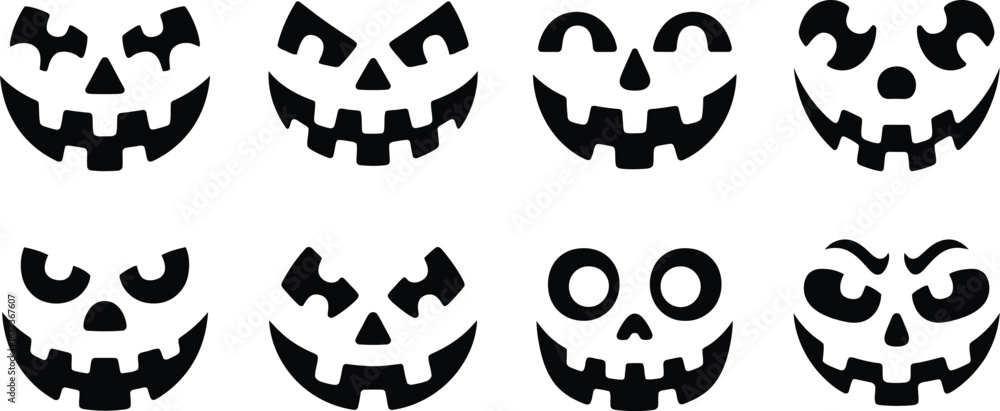 Naklejka premium Halloween Pumpkin Jack O' Lantern Face Set – Spooky Carved Expressions Collection – Scary, Funny, and Creepy Faces for Holiday Designs, Party Decor, and Seasonal Crafts