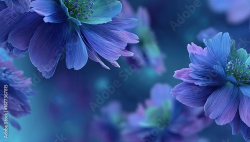 Dreamy, ethereal blue and purple flowers float against a soft, blurred backdrop of similar hues, creating a tranquil and serene atmosphere