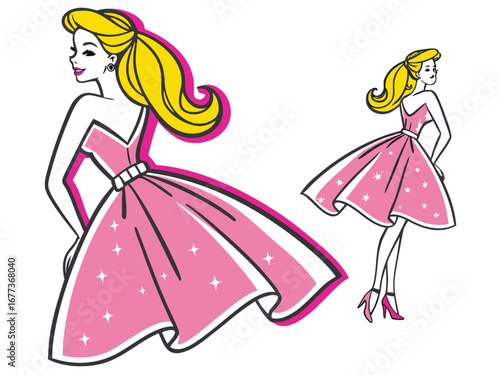 Trendy Fashion IllustratioA stylized, colorful illustration of a girl in 1980s fashion.n of a Girl in 80s Style. 