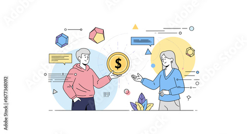 This modern illustration depicts two individuals engaging in a financial transaction, with a dollar coin symbolizing payment, investment, or exchange.