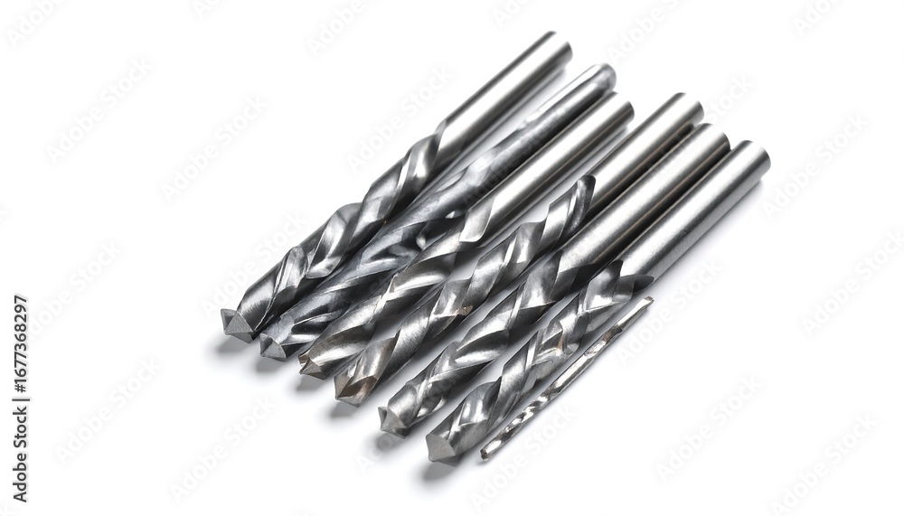 Fototapeta premium Various metal drill bits arranged in a setting against a plain white backdrop.