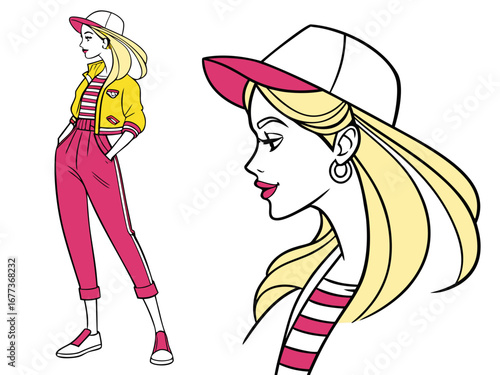 Trendy Fashion IllustratioA stylized, colorful illustration of a girl in 1980s fashion.n of a Girl in 80s Style. 
