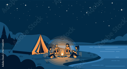 Friends enjoy a serene night camping by a tranquil lake, sharing stories around a warm campfire under a vast, starry sky, creating cherished outdoor memories.
