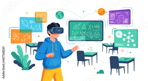A student wearing a VR headset explores an immersive virtual classroom, interacting with screens showing scientific and global concepts for e-learning.