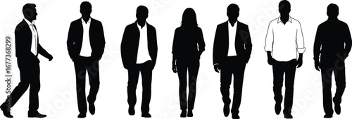 Silhouettes of business people walking confidently, diverse men and woman, formal attire, professional group, corporate lifestyle, teamwork and leadership concept.