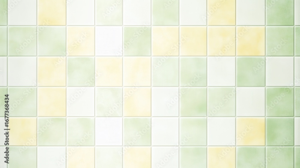 Close-up of a tiled wall with green,yellow,and white squares