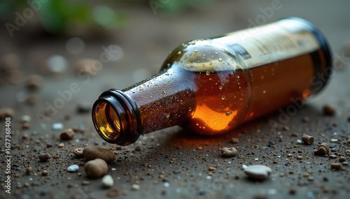 Close-up of a discarded beer bottle, symbolizing the destructive nature of alcoholism; empty, broken, and lying on a gritty surface , empty, grunge