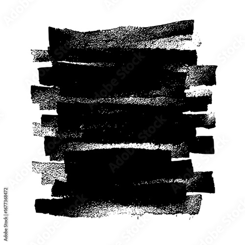 Black brush strokes layered vertically creating a textured abstract design on a white background surface