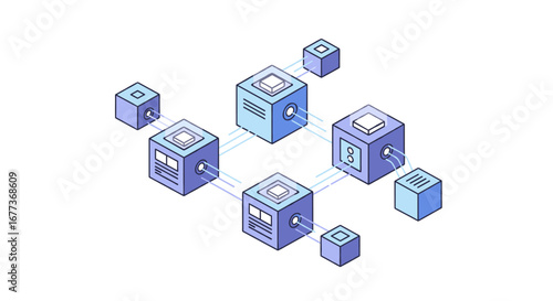 A minimalist isometric illustration depicts interconnected blue blocks forming a decentralized network, symbolizing blockchain, secure data, and digital concepts.