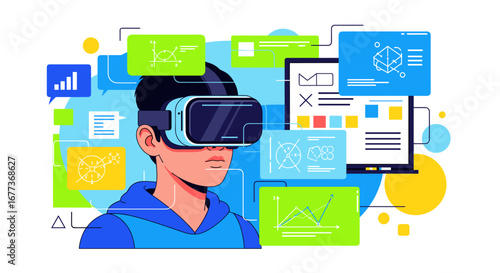 A person explores an immersive virtual reality environment, interacting with diverse digital interfaces, data visualizations, and modern technological concepts.