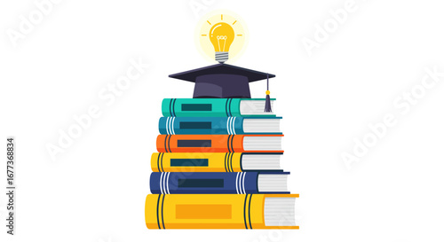This engaging illustration beautifully captures the essence of learning, showing how accumulated knowledge leads to academic success and bright new ideas.