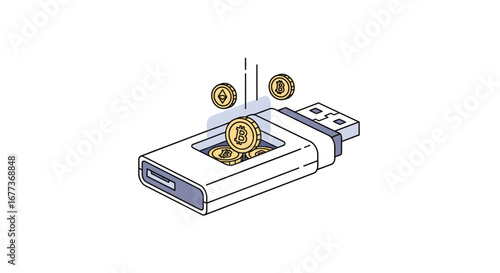 A sleek, minimalist illustration depicts golden coins being deposited into a modern USB flash drive, symbolizing digital finance, data monetization, and secure online savings.