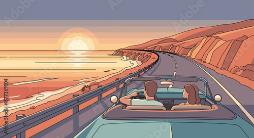 A romantic couple enjoys a breathtaking sunset drive in their vintage convertible along a scenic coastal highway, embracing the freedom of summer travel.