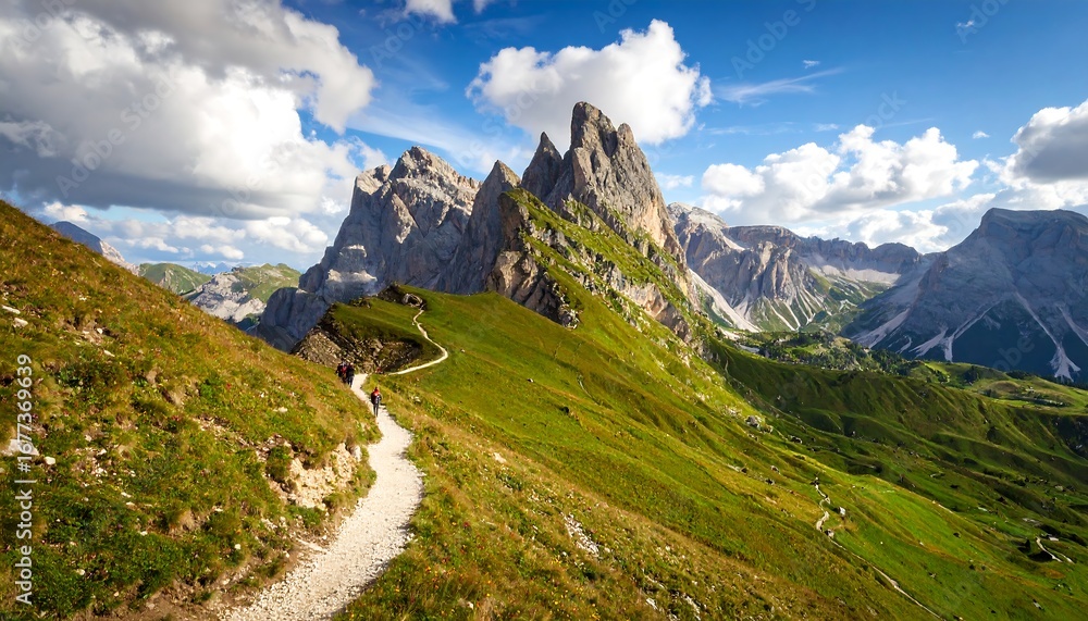 Obraz premium A scenic mountain path winds through a vibrant green valley, leading to towering peaks under a vast blue sky.