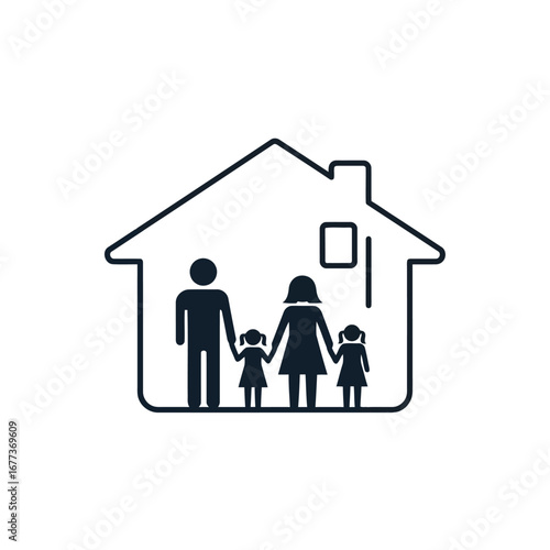 Photo of a family of four stands inside a house outline