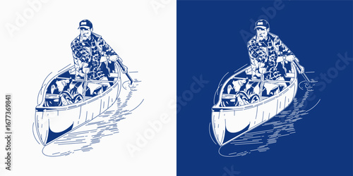 Adventurer Paddling Wooden Canoe Vector Illustration