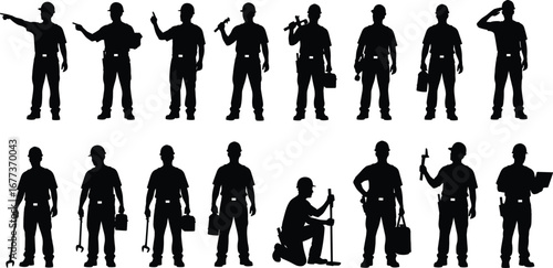 Silhouettes of Construction Workers Holding Tools, Pointing and Kneeling in Action Poses, Industrial Labor Team Vector for Repair and Maintenance