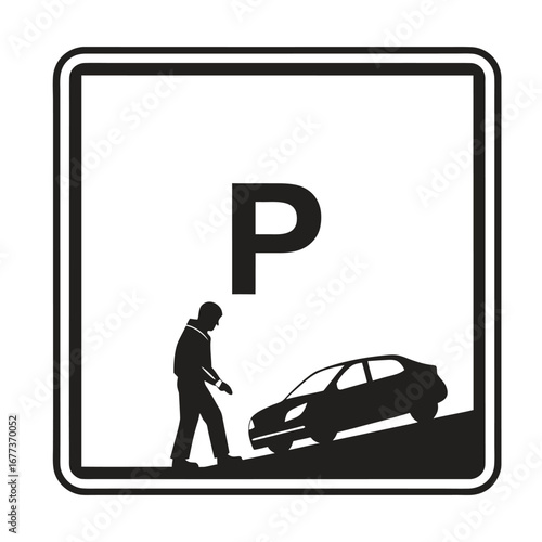 Parking sign indicating a designated area for vehicles on a slope, with a pedestrian and a car