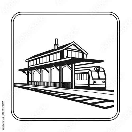 Simple black and white illustration of a train station with a train, rail and building elements