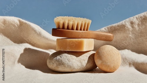Wooden brush atop a soap bar and bath bomb, resting on smooth stones against a beige fabric backdrop under bright sunlight