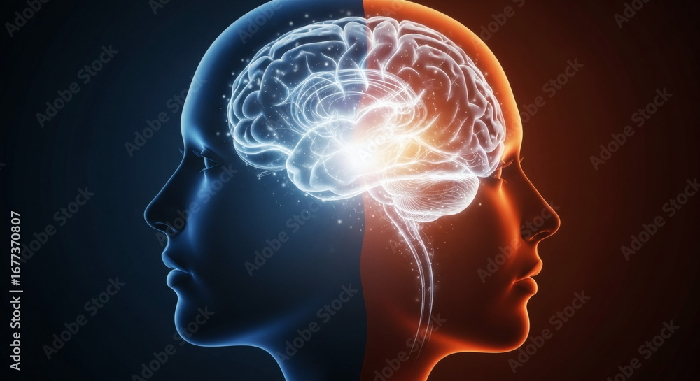 Obraz premium Split Head Silhouette with Glowing Brain: Mental Health Spectrum