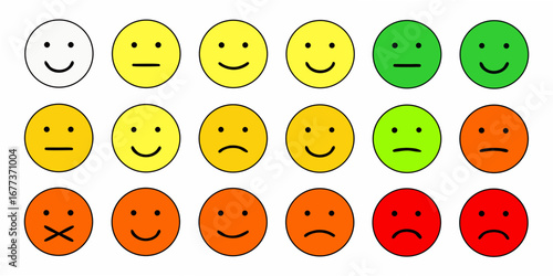 Collection of colorful smiley face icons representing a spectrum of emotions and satisfaction levels