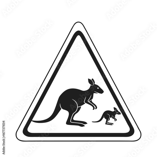 Black and white vector silhouette of a kangaroo and joey crossing on a triangular warning road sign, isolated on a white background for safety